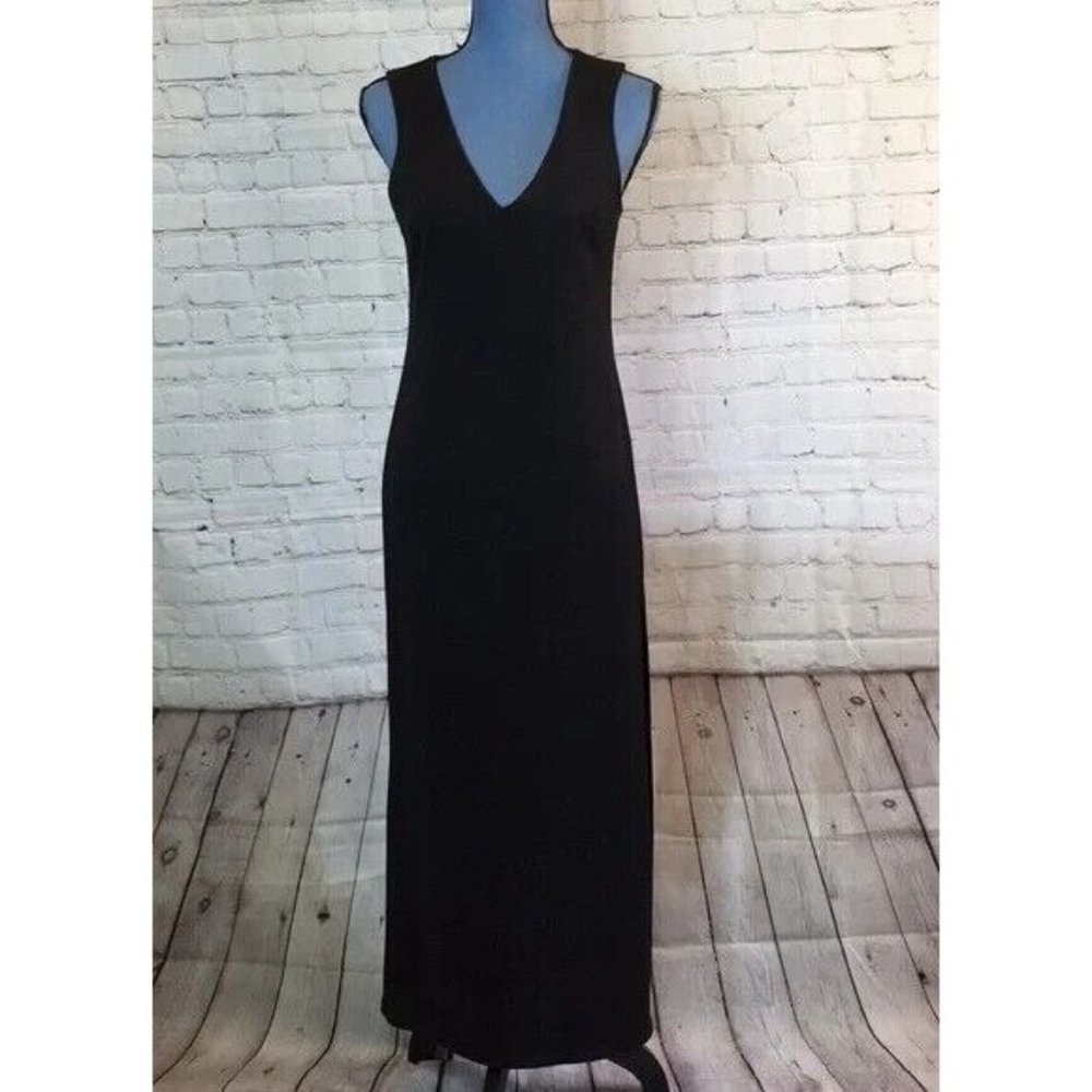 BeBe Max Maxi Dress Black Deep V-neck Shift Long Side Slit Sleeveless Small